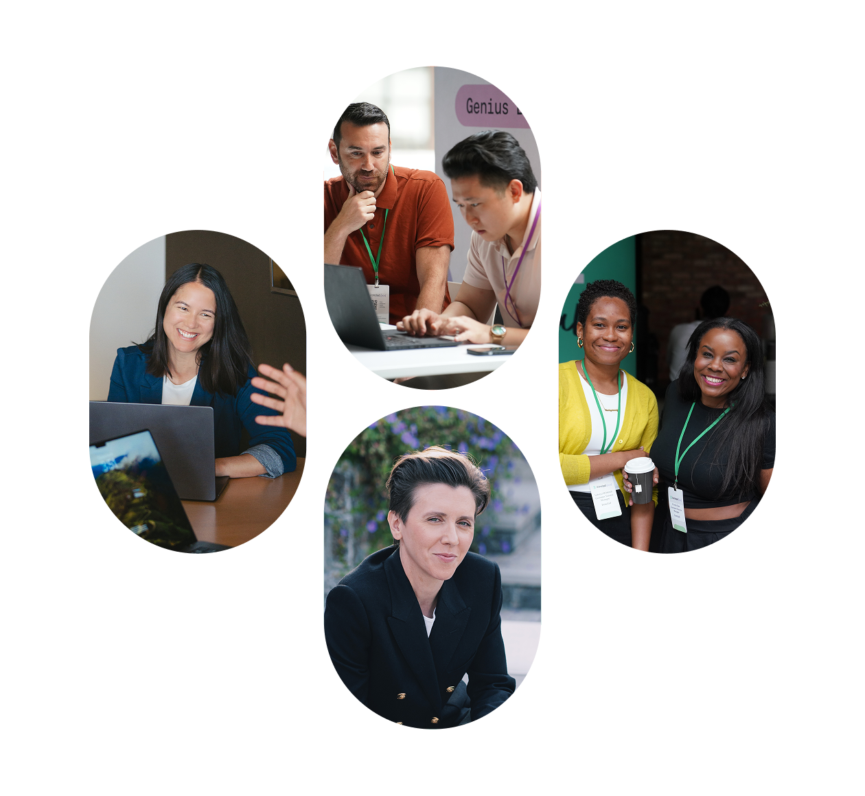 A collage of five oval photos shows diverse people: two men collaborating at a laptop, two women smiling with coffee, a woman smiling at a desk, and a person posing outdoors in a dark jacket.