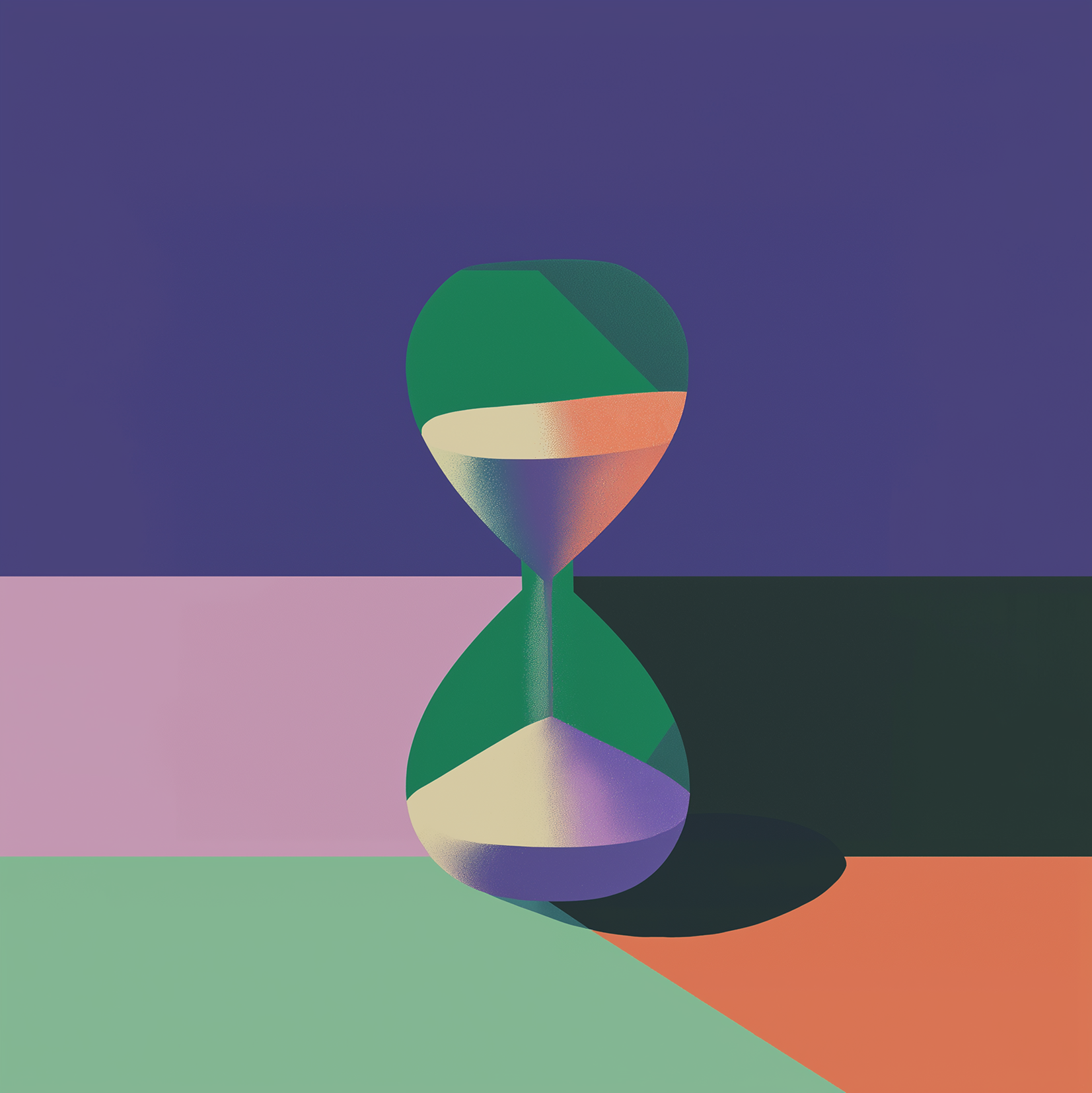 A stylized hourglass with green, purple, and peach geometric shapes stands on a multicolored, abstract background—blocks of lavender, mint green, orange, and black—symbolizing the evolving landscape of ai legal research.