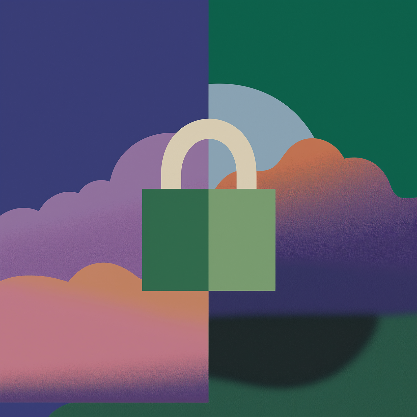 An abstract illustration of a padlock centered over colorful clouds, symbolizing ai legal research, with the image split into two contrasting color schemes: one side in purples and pinks, the other in greens and blues.