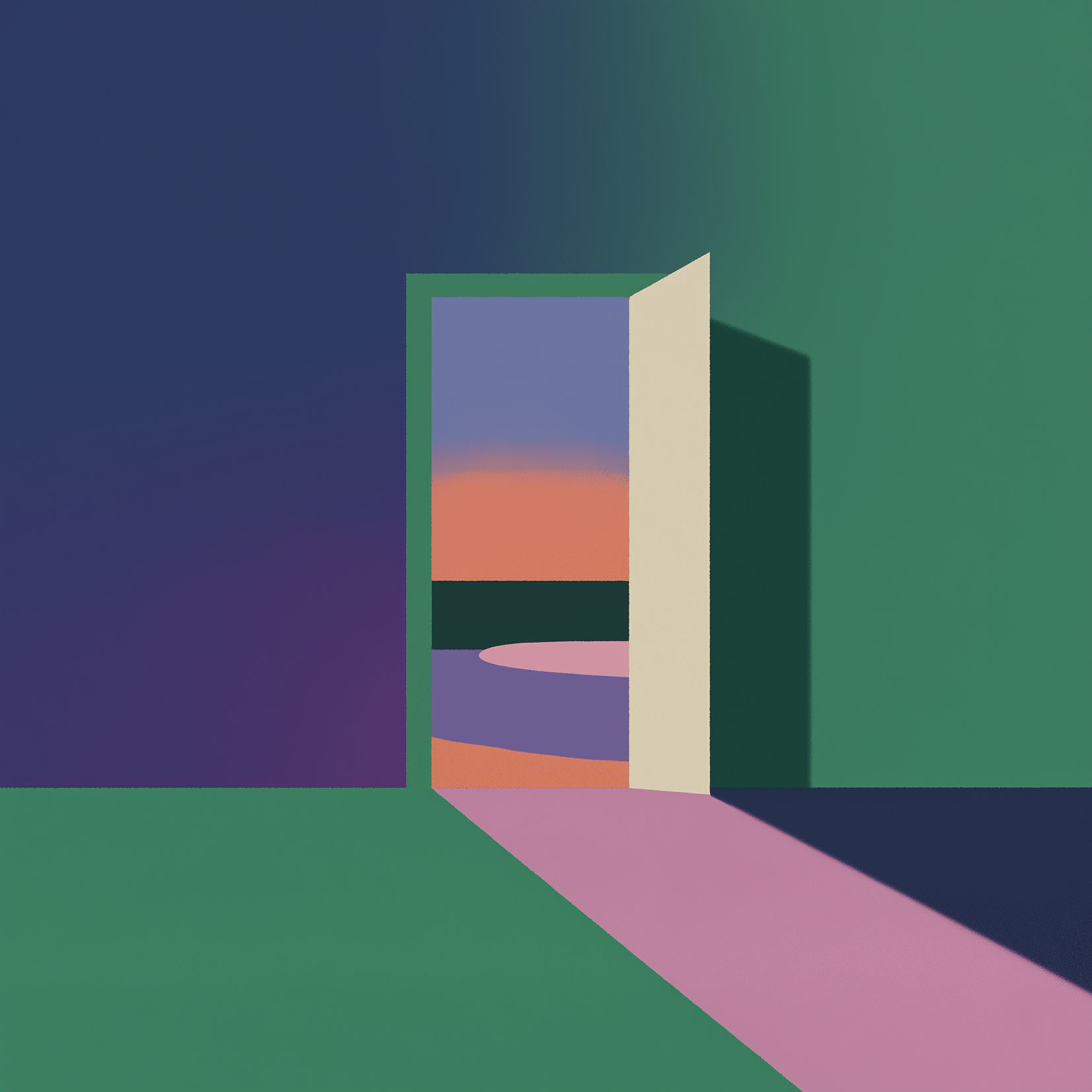 A minimalist room with green and blue walls features an open door revealing a serene DORA sunset over water. Soft pink, purple, and orange hues are visible through the doorway, casting a gentle purple shadow inside.