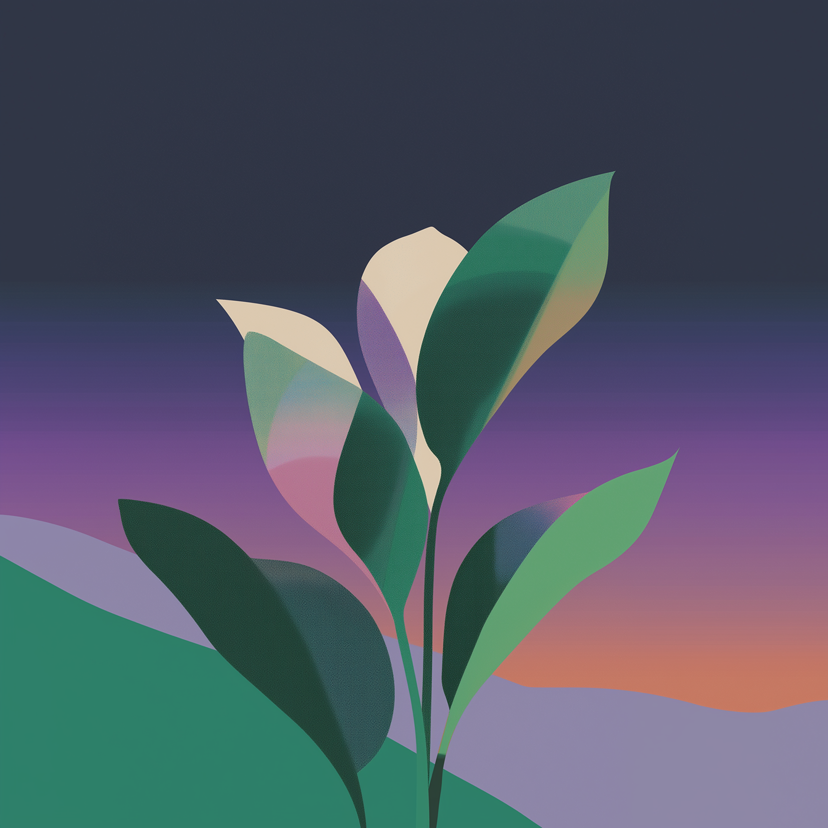 A stylized illustration of a plant with large green leaves and abstract, pastel-colored petals set against a gradient background, evoking a sunset or sunrise—a creative take inspired by the evolving world of AI legal research.