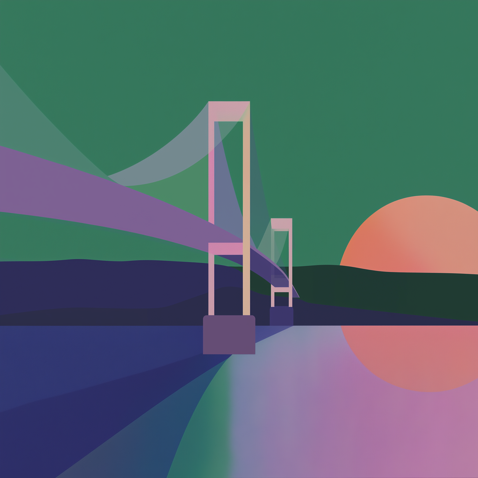 Minimalist illustration of a suspension bridge over calm water at sunset, with a large pink sun near the horizon—an abstract representation of procurement professional burnout, shown through soothing green, purple, and blue shapes.