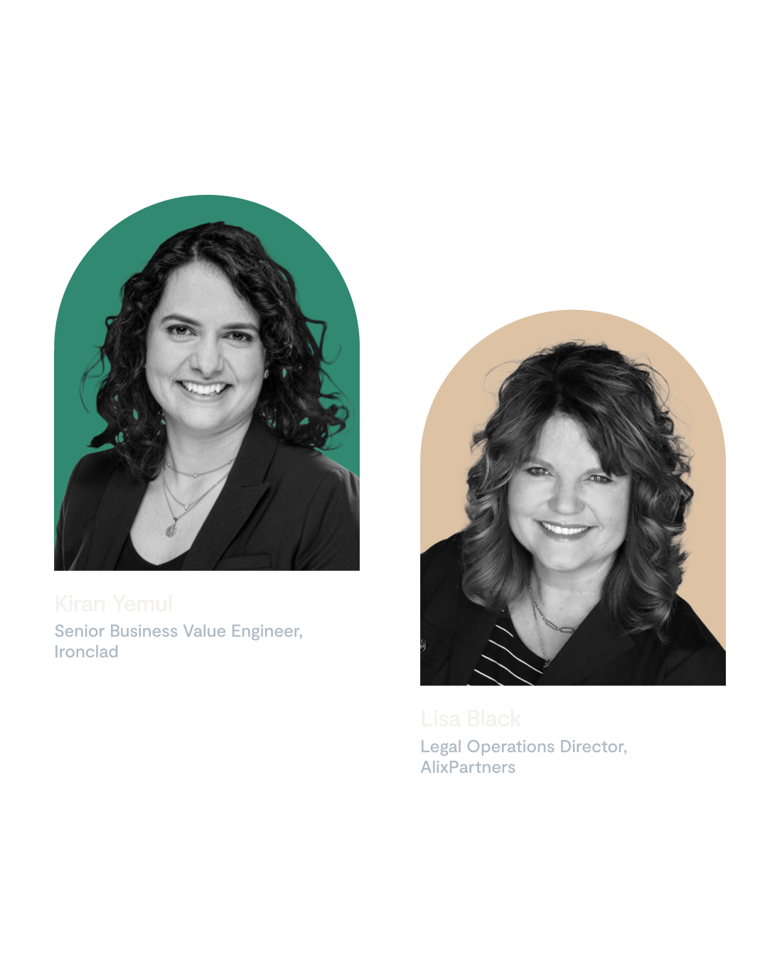 Two women are shown in separate portrait frames, their smiles bright. The woman on the left has curly dark hair against a green background, while the woman on the right has wavy light hair with a beige backdrop—an AI-enhanced duo of vibrant portraits.