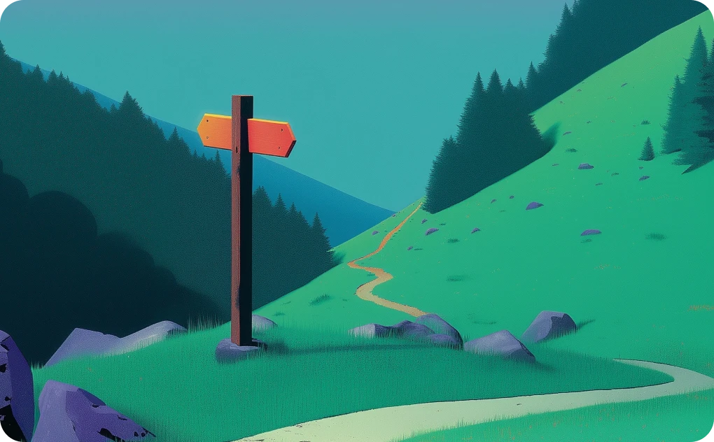 A wooden signpost with two blank orange arrows stands beside a winding dirt path on a grassy hillside, surrounded by rocks and pine trees, with forested mountains in the background.