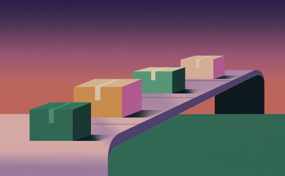 Illustration of four colorful boxes moving on a conveyor belt against a gradient purple and orange background, symbolizing how streamlined operations help prevent contract value leakage as the varied boxes move efficiently upward.