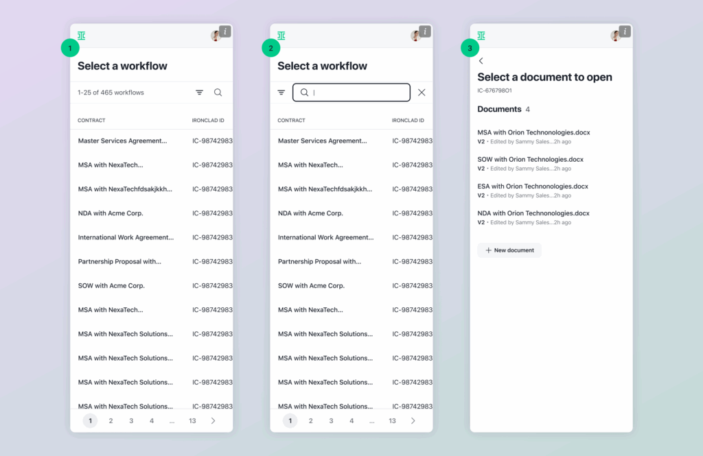 Three side-by-side screenshots of a workflow selection app: browsing workflows, searching for a workflow, and viewing a workflow’s documents list, each with a clean, white interface and subtle gray background.