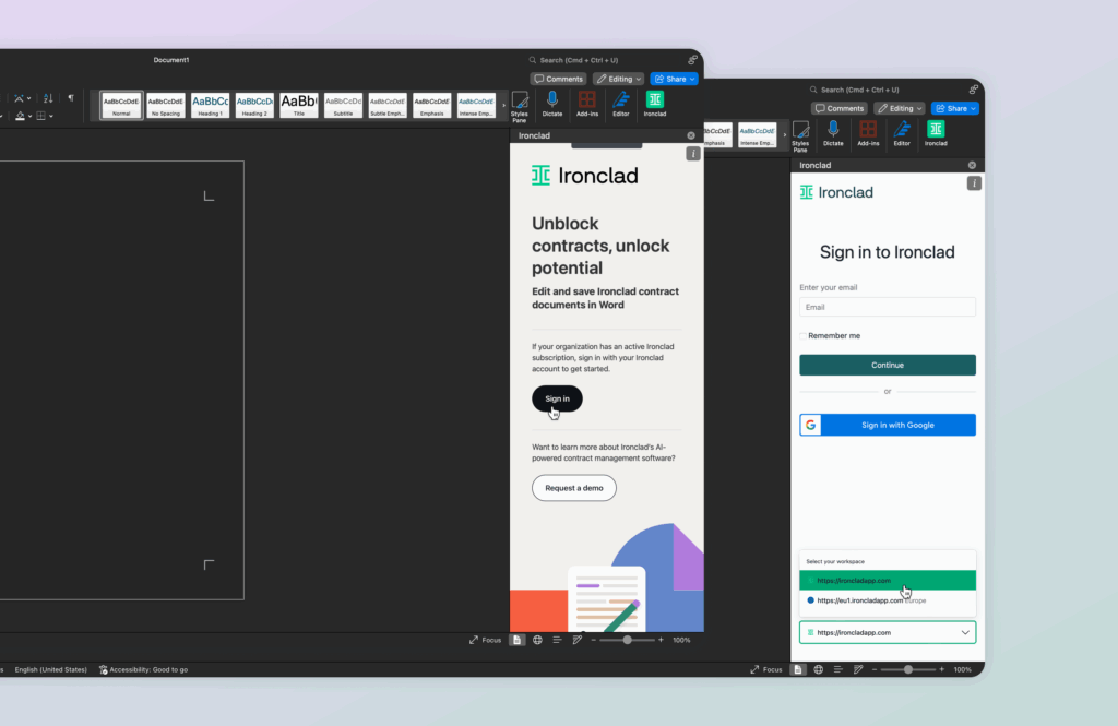 A computer screen displays two overlapping windows: one shows a Word document with an Ironclad add-in sidebar, and the other shows an Ironclad sign-in page with options to sign in via Google or Microsoft.