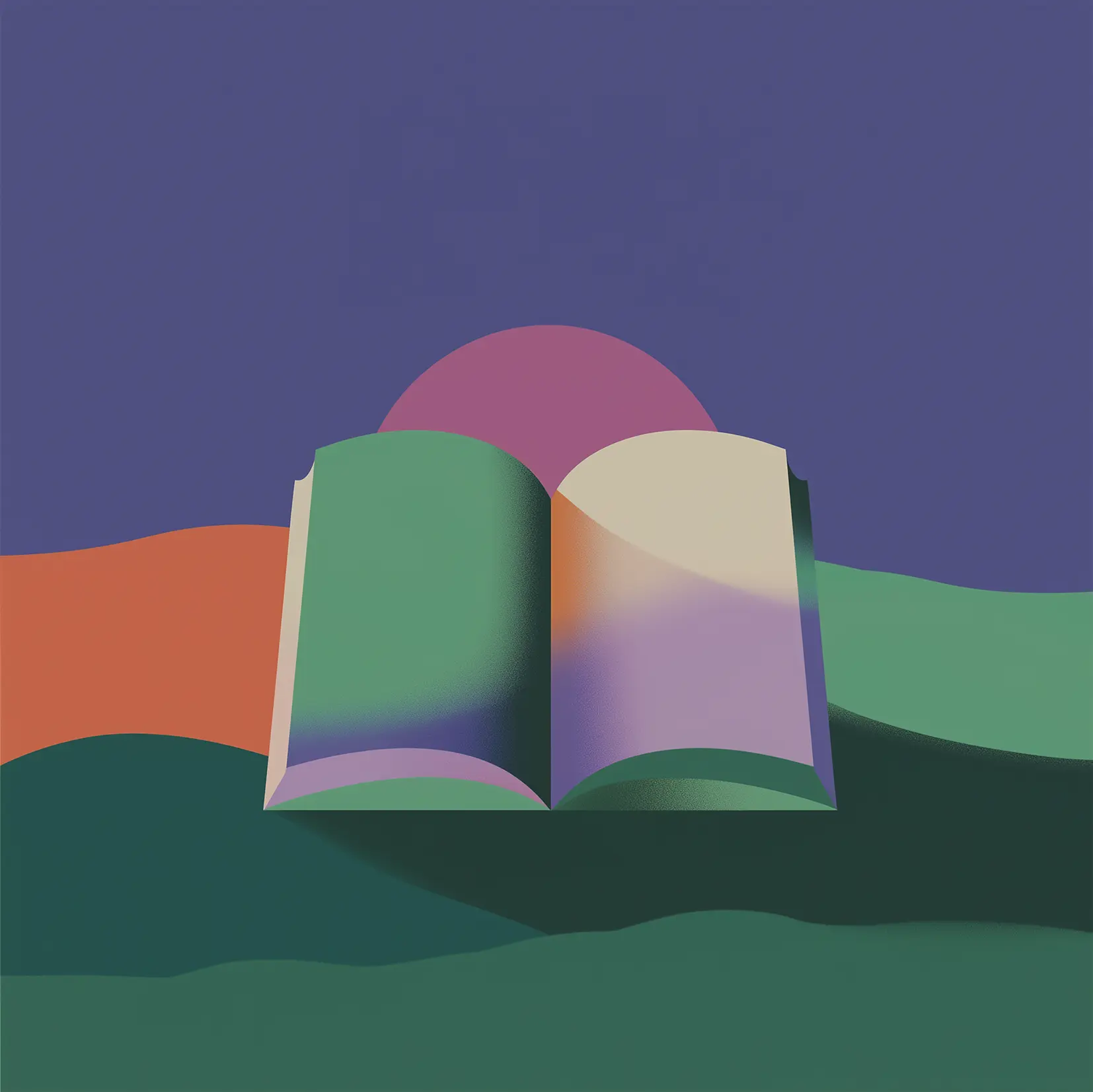 An abstract illustration of an open book with green, orange, and purple pages, set against a dark blue background with colorful wavy shapes and a large purple circle resembling a sunset or moon behind the book.