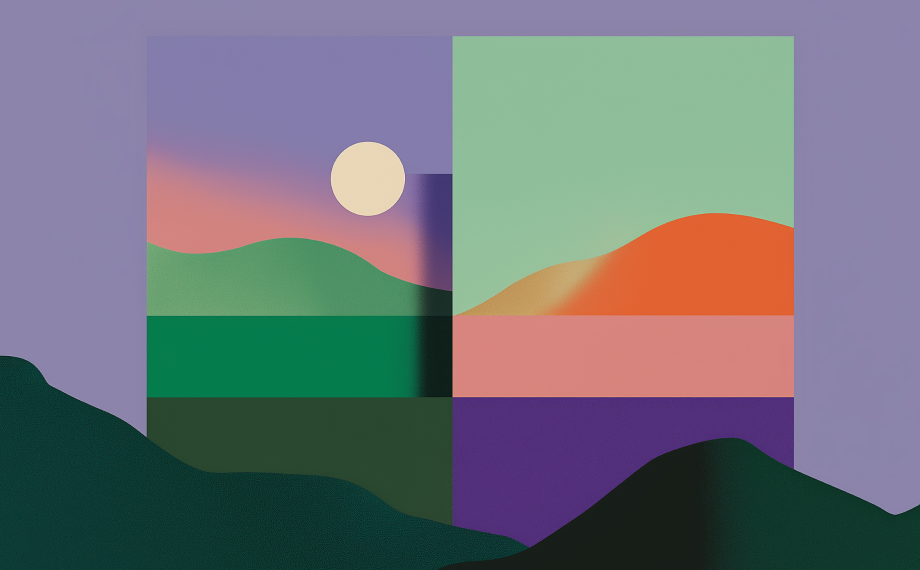 Abstract illustration of a landscape with rolling hills in green, orange, and purple hues under a pastel sky, divided into geometric panels like the distinct elements of an agreement vs contract, all set against a soothing lavender background.
