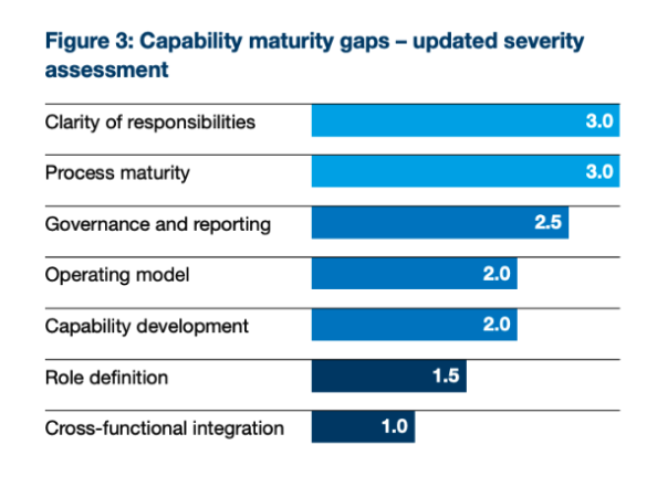 Bar chart titled Capability maturity gaps – updated severity assessment showing highest severity for Clarity of responsibilities and Process maturity (3.0), highlighting links to procurement professional burnout; Cross-functional integration (1.0) scores lowest, with other areas in between.