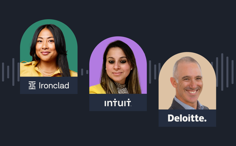 Three people are pictured above logos for Ironclad, Intuit, and Deloitte, each in a colored arch. The dark background features subtle soundwave graphics, reflecting the innovative energy of contract AI shaping today’s business landscape.