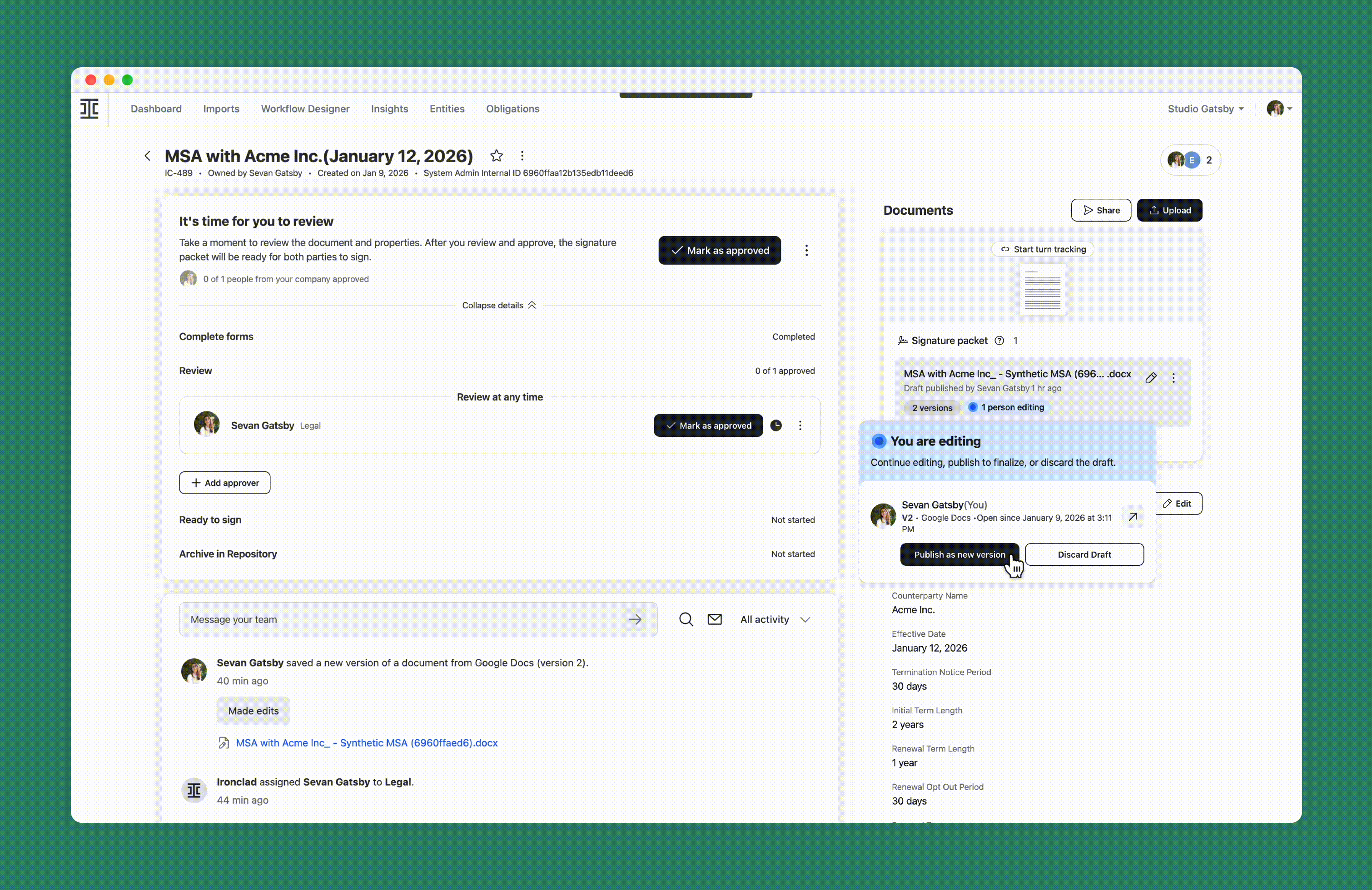 A screenshot of a contract management software interface shows a document titled MSA with Acme Inc. (January 12, 2026) with review tasks, comments, and a dropdown menu for publishing or saving a draft. A document sidebar appears on the right.