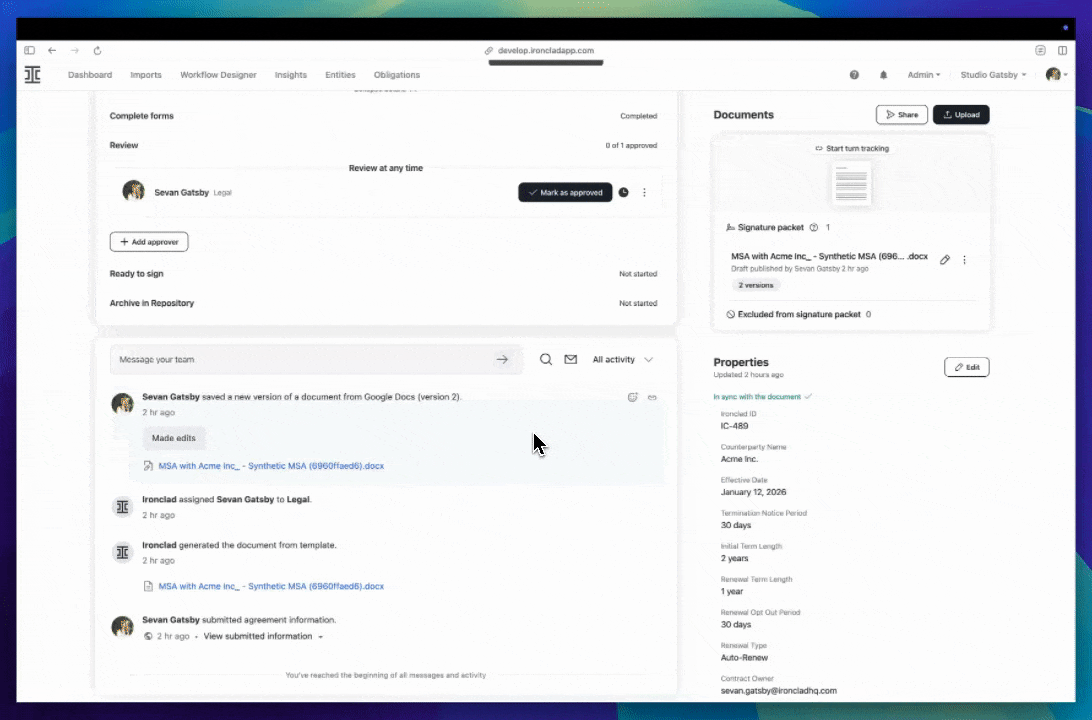 A computer screen displays a document management dashboard with sections for tasks, messages, documents, and properties, showing collaboration features such as updates, file attachments, and activity tracking. A cursor moves and clicks on items.