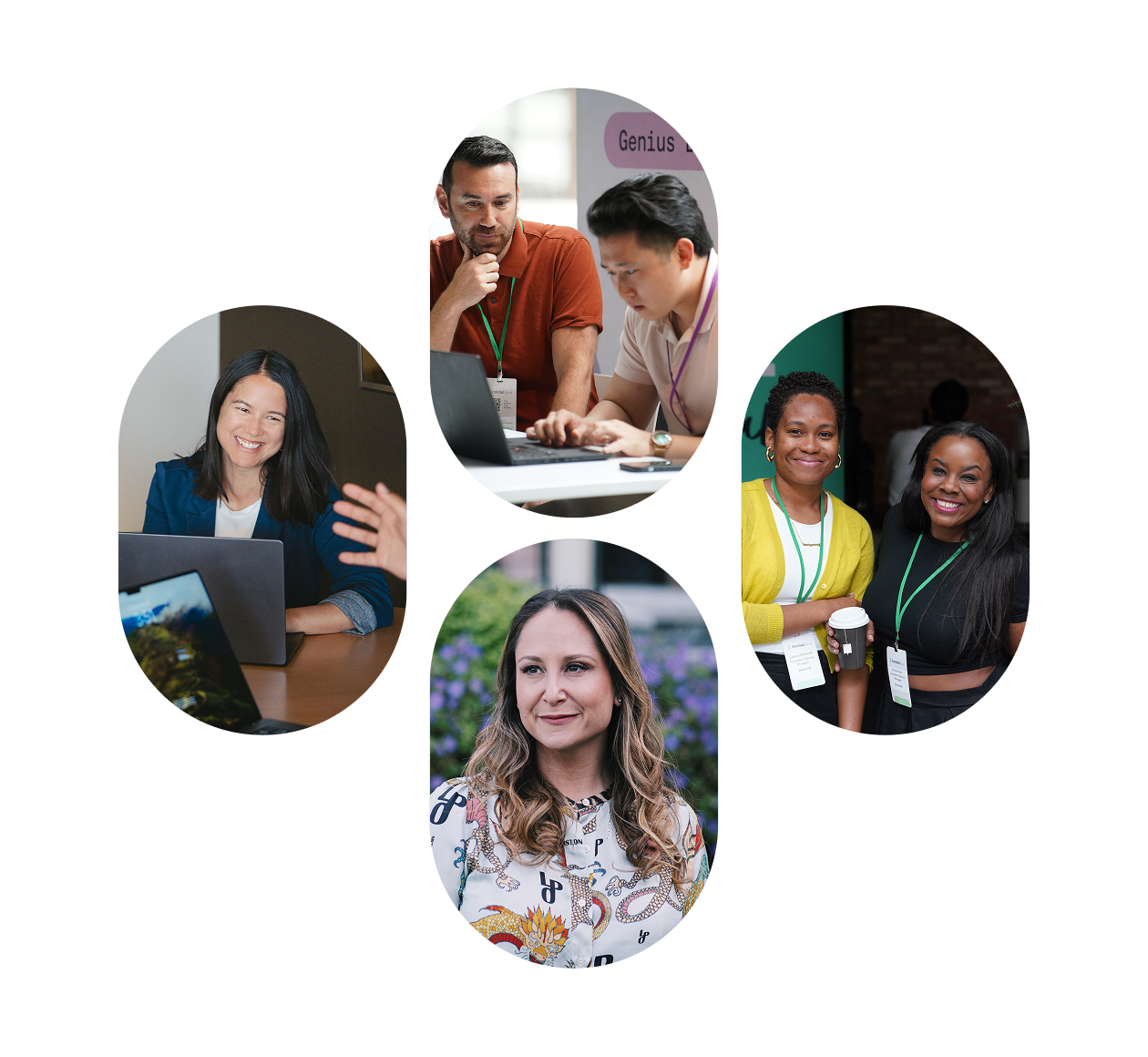 A collage of five photos showing diverse people: two men working on a laptop, a woman smiling at her desk, two women standing with coffee, and a woman outdoors, all appearing friendly and engaged.