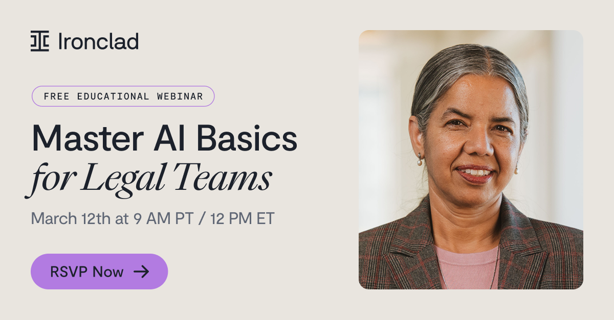 Promotional banner for an Ironclad webinar titled Master AI Basics for Legal Teams, featuring a smiling woman in business attire. Discover insights from the contracting benchmark report. Event: March 12th at 9 AM PT/12 PM ET, with an RSVP Now button.