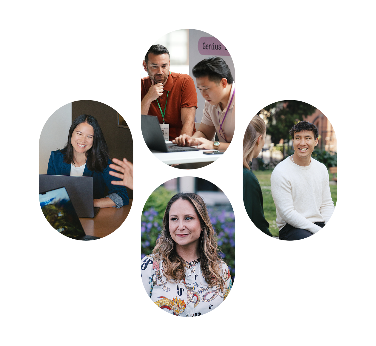 A collage of five photos showing diverse people engaged in conversation, working together, and smiling in various indoor and outdoor settings.
