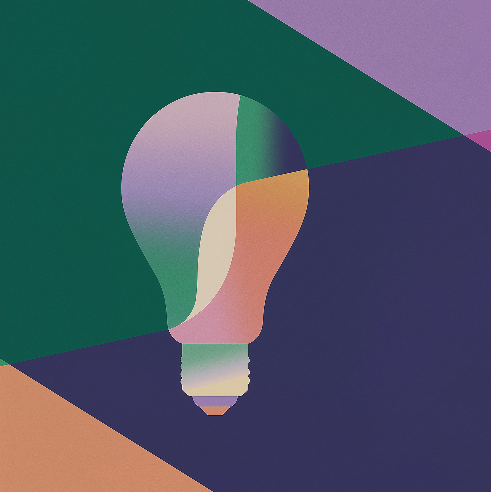 A stylized light bulb illustration with pastel colors, set against a geometric background in green, purple, navy blue, and peach tones—symbolizing bright ideas to prevent contract value leakage through operations.