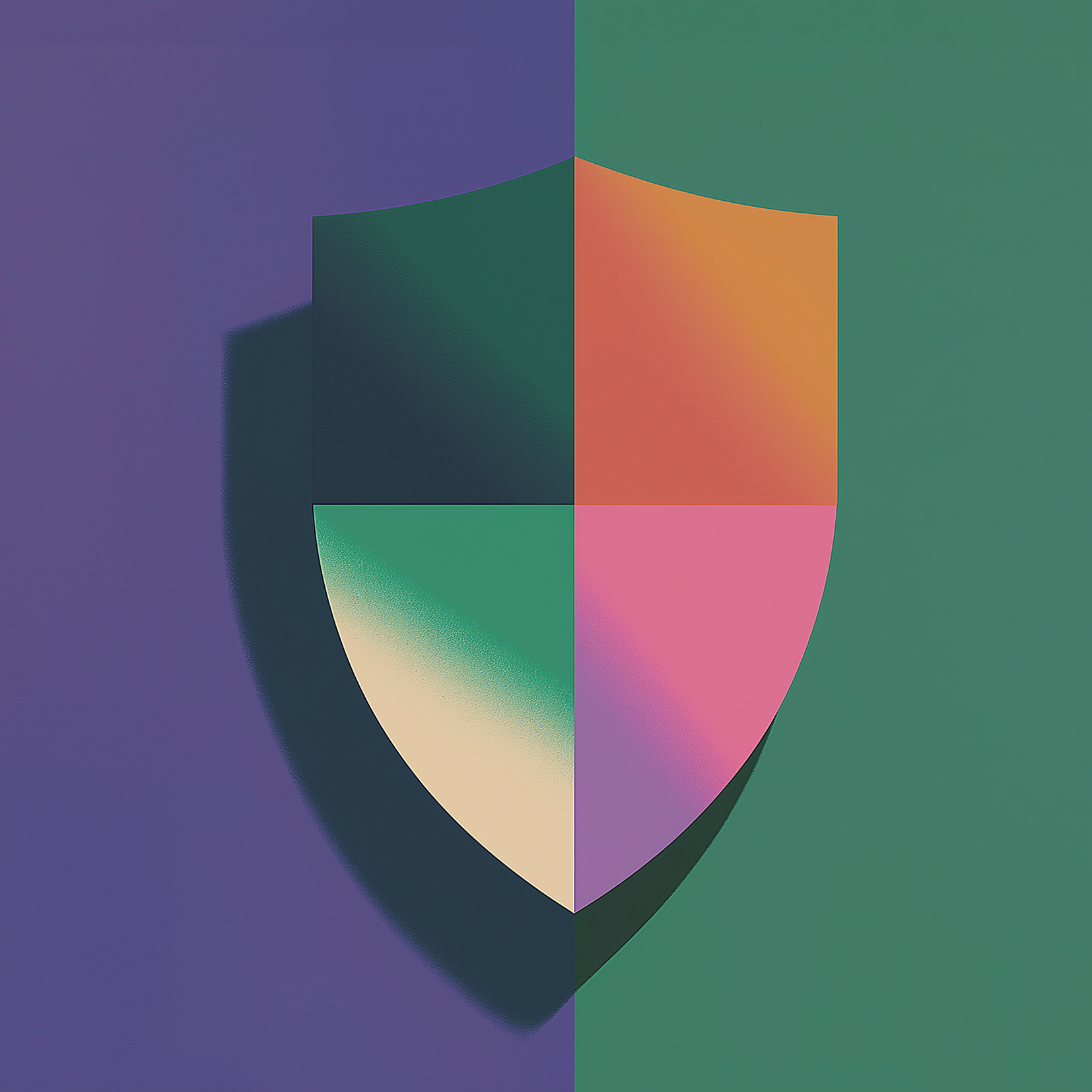 A shield divided into four colored sections—green, orange, pink, and cream—stands against a split purple and green background, symbolizing protection and security to help prevent contract value leakage through operations.