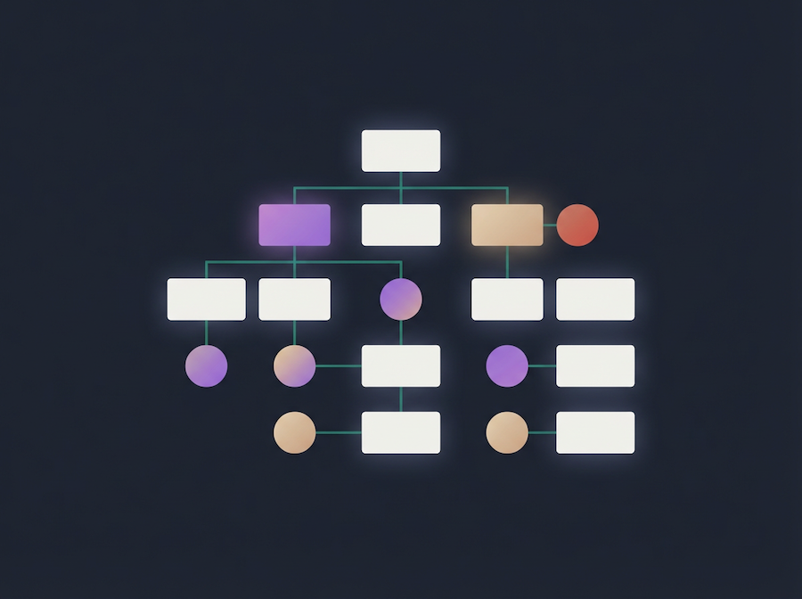 A simplified, glowing contract organization chart on a dark background, featuring white rectangular and colored circular nodes connected by lines, representing a hierarchy or flowchart structure.