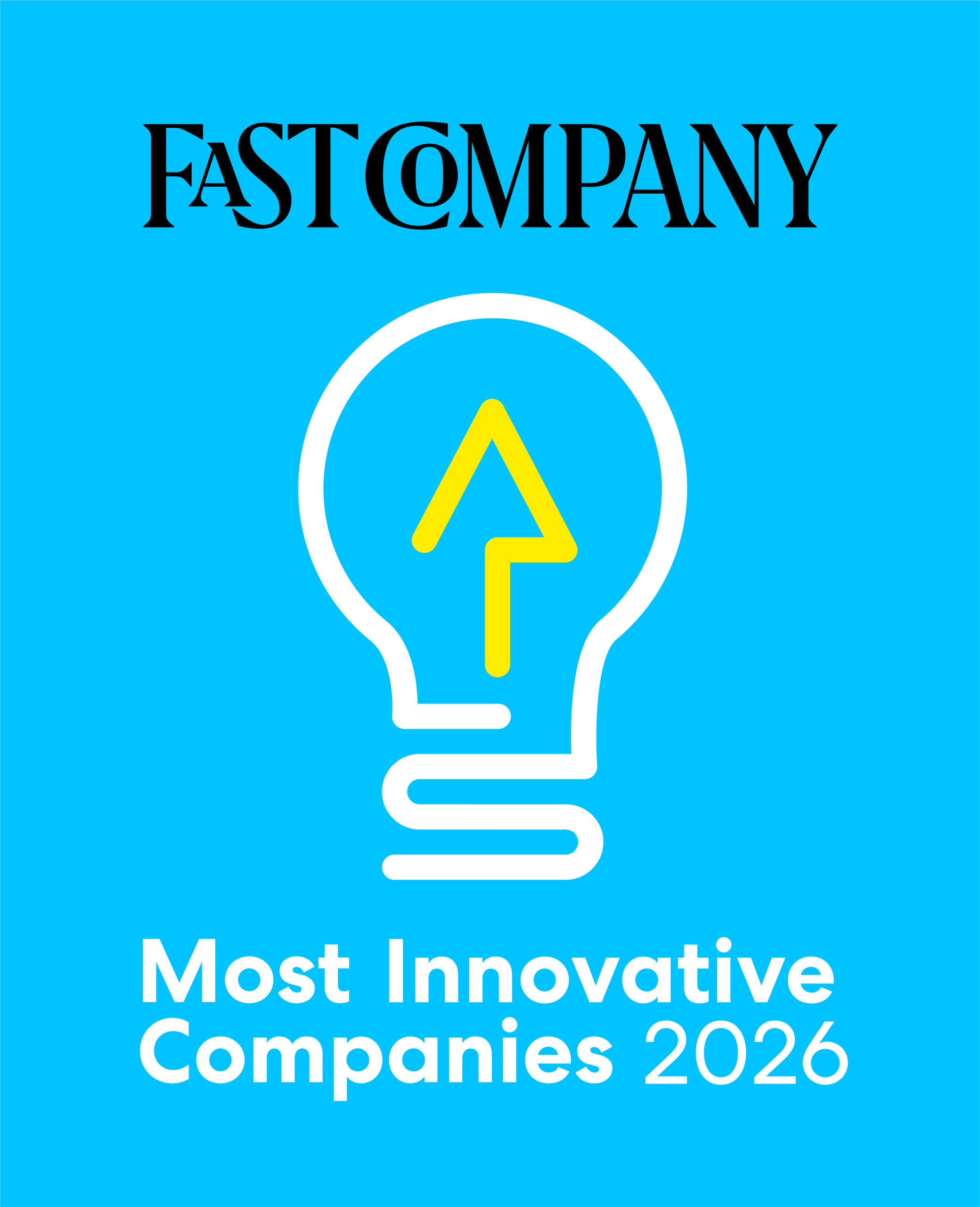 A blue graphic featuring the Fast Company logo above a lightbulb outline with an upward arrow inside it, and the text Most Innovative Companies 2026 below.