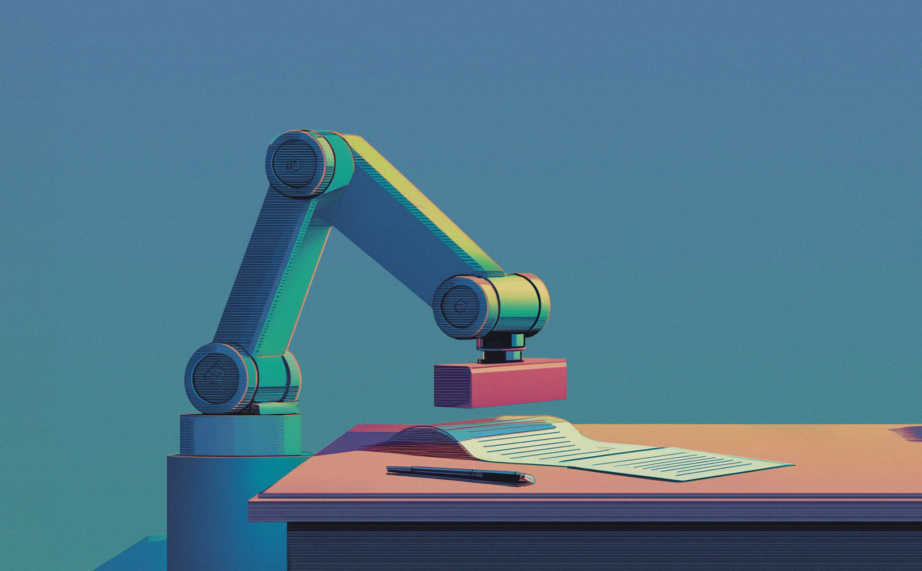 A robotic arm hovers over a desk, holding a rubber stamp above a document and pen, suggesting buy-side automation of paperwork, against a blue gradient background.