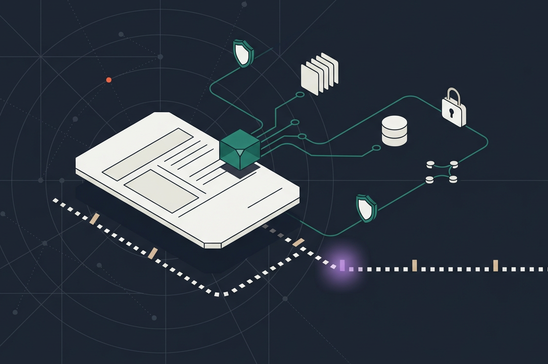 Illustration of a digital document connected to shield icons, a database, a lock, and servers via lines—representing cybersecurity, data protection, secure information transfer, and the role of AI agents in legal processes—on a dark background with circular grid patterns.