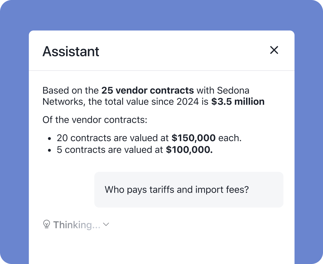 A digital assistant window shows a summary: 25 vendor contracts created with Sedona Networks since 2024 total class=