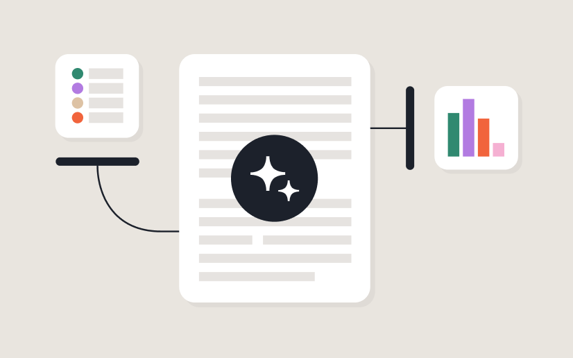 A graphic shows a document in the center with a sparkle icon, connected by lines to a checklist on the left and a bar chart on the right, representing organized and visually enhanced information.