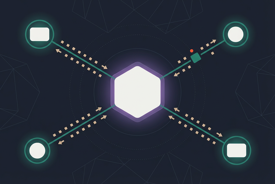A central hexagon illustrates the clm integration strategy, connecting to four circular nodes at the corners with dotted arrows, set against a dark background with geometric outlines.