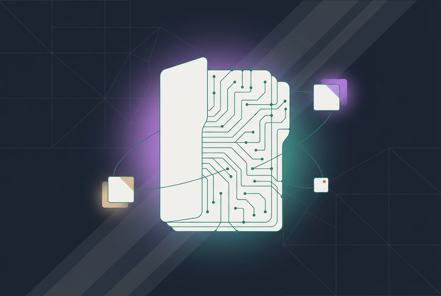 A glowing digital folder with circuit patterns is surrounded by floating squares and lines on a dark, geometric background, symbolizing data, technology, or digital storage.