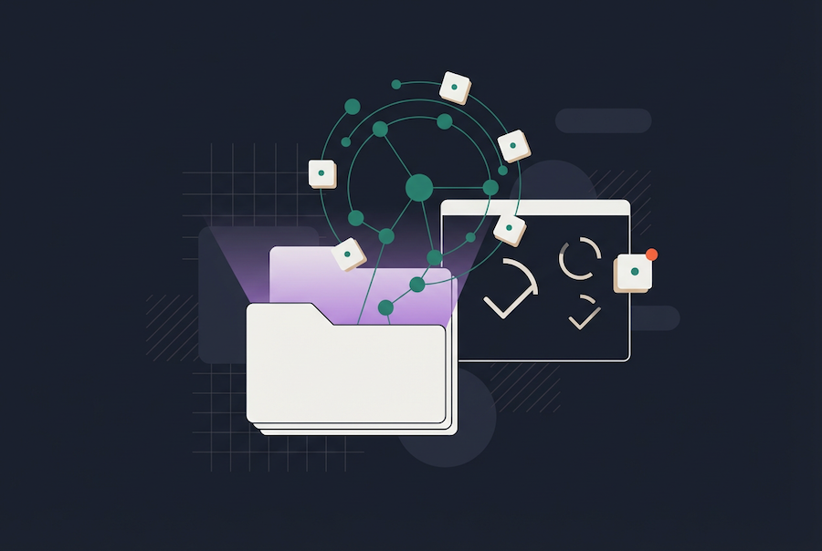 Illustration of two folders, one open, with a network of connected nodes above them and abstract shapes on a digital screen, representing contract obligation tracking, data management, and digital connectivity on a dark background.