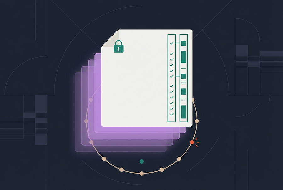 A digital illustration of a secured document symbolizing contract version control, with a lock icon and checklist, layered over purple rectangles and encircled by a dotted line on a dark background.