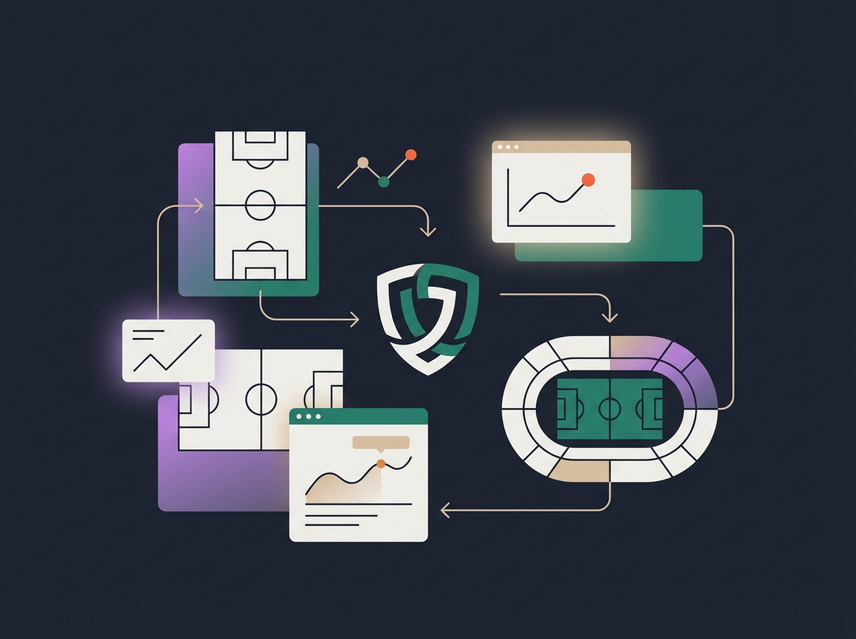 Illustrated diagram showing soccer fields, stadium, charts, and analytics screens connected by arrows, representing soccer data analysis, performance tracking, and insights for a sports marketing agreement.