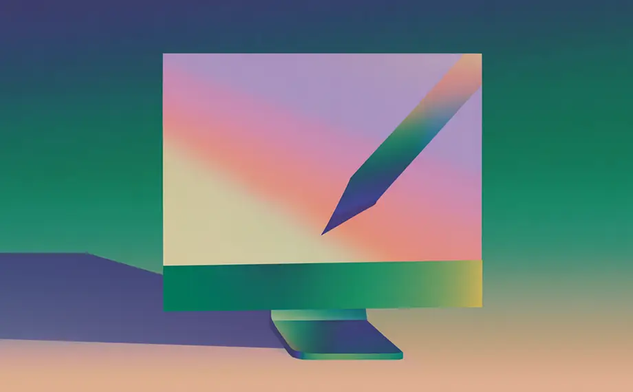 A digital illustration of a computer monitor with a large stylized pencil shape intersecting the screen, featuring pastel gradient colors of pink, green, and purple, suggests the modern convenience of sign digital contract workflows.
