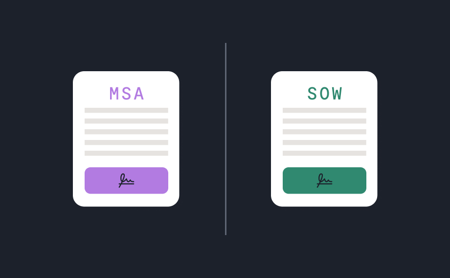 Two illustrated documents side by side: one labeled MSA with a purple footer, the other labeled SOW with a green footer. Both have lines of text and a signature at the bottom—highlighting the distinction between msa vs sow which one to use when establishing business agreements.
