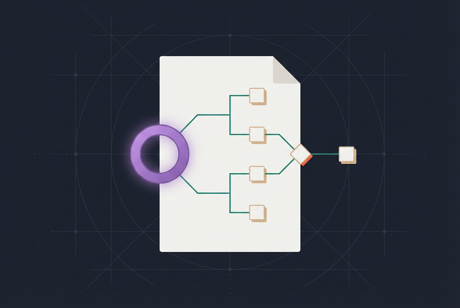 A stylized diagram shows a white document with branching lines and nodes, resembling a flowchart or decision tree, and a purple ring partially overlapping the left side—evoking the clarity ai for contract management brings to complex processes.