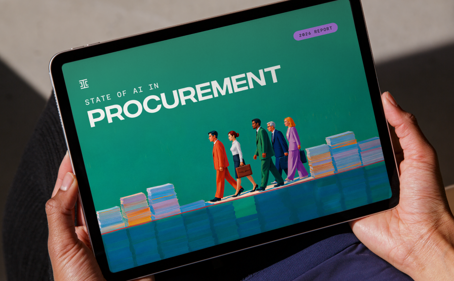 A person holds a tablet displaying a report titled State of AI in Procurement, with illustrated businesspeople walking in front of stacks of paper on a green background.