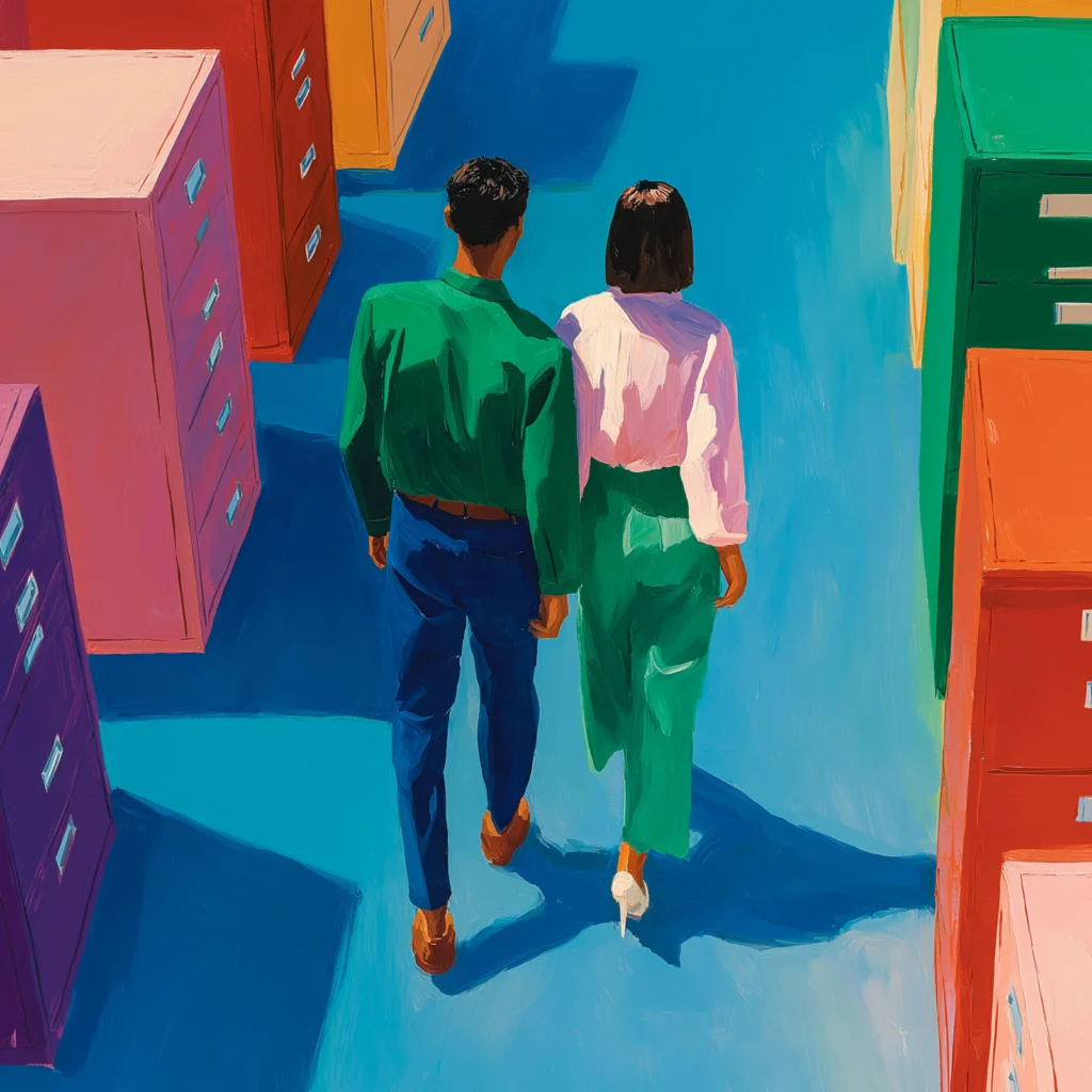 Two people walk hand in hand between brightly colored filing cabinets on a vivid blue floor, viewed from above. The scene is painted in a bold, modern style with strong shadows and vibrant colors.