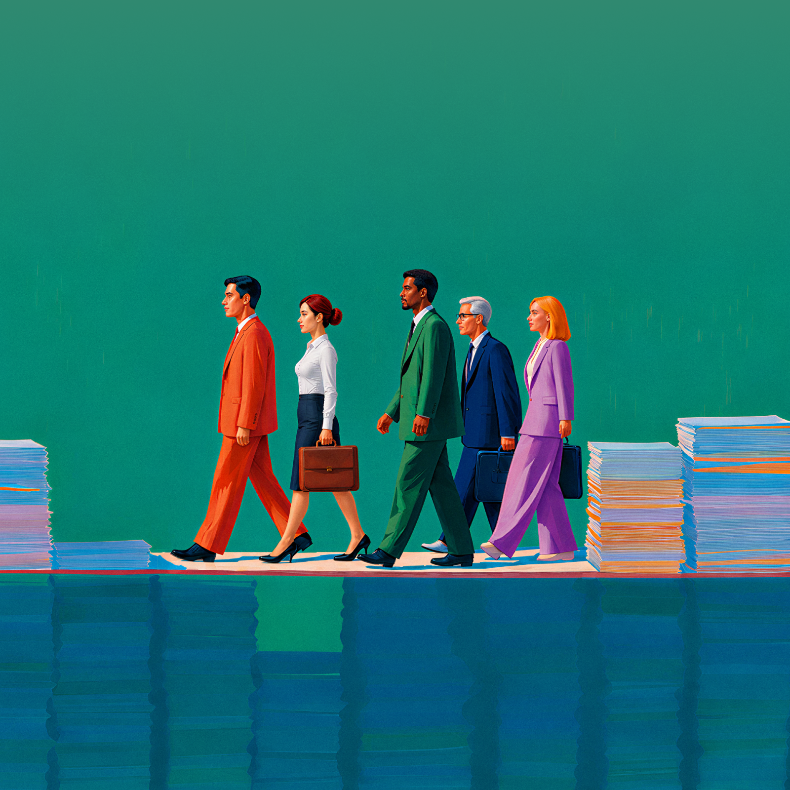 Four businesspeople walk across a bridge made of documents over water, heading toward a large stack of papers, against a solid green background.