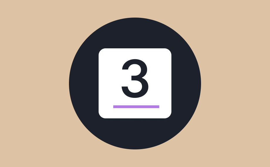 A white square with a black number 3 and a thin purple line underneath, centered on a black circle with a beige background—ideal for representing the contract approval stage in process metrics.