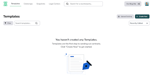 A web page displays a message stating, “You havent created any Templates.” There is a “Create New” button, a search bar, filter options, and an illustration of a document with a pen. The interface is clean and minimalistic.