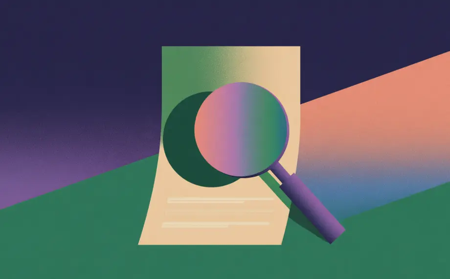 A stylized illustration of a magnifying glass hovering over a sheet of paper, highlighting the importance of identifying trends in contract analysis, with colorful lighting and gradients in the background.