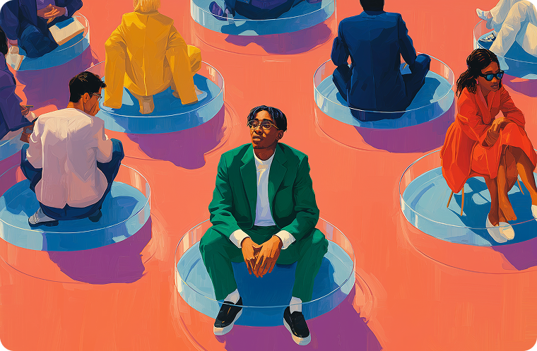 A group of people sit isolated in transparent circles on a pink surface, each resembling an ironclad jurist AI—distant and pensive, their colorful clothing highlighting individuality and separation in this vibrant, surreal setting.