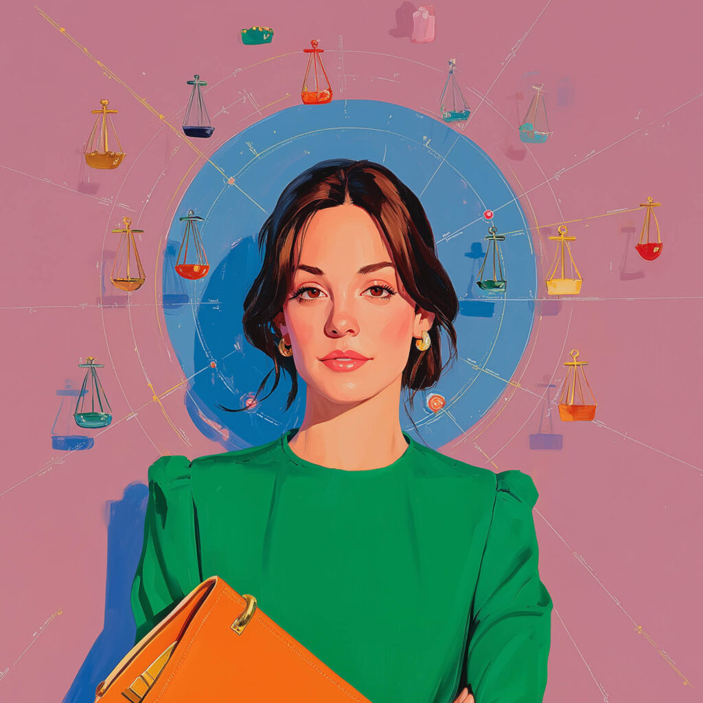A woman in a green shirt holds an orange bag with a backdrop of a blue circle and scales.