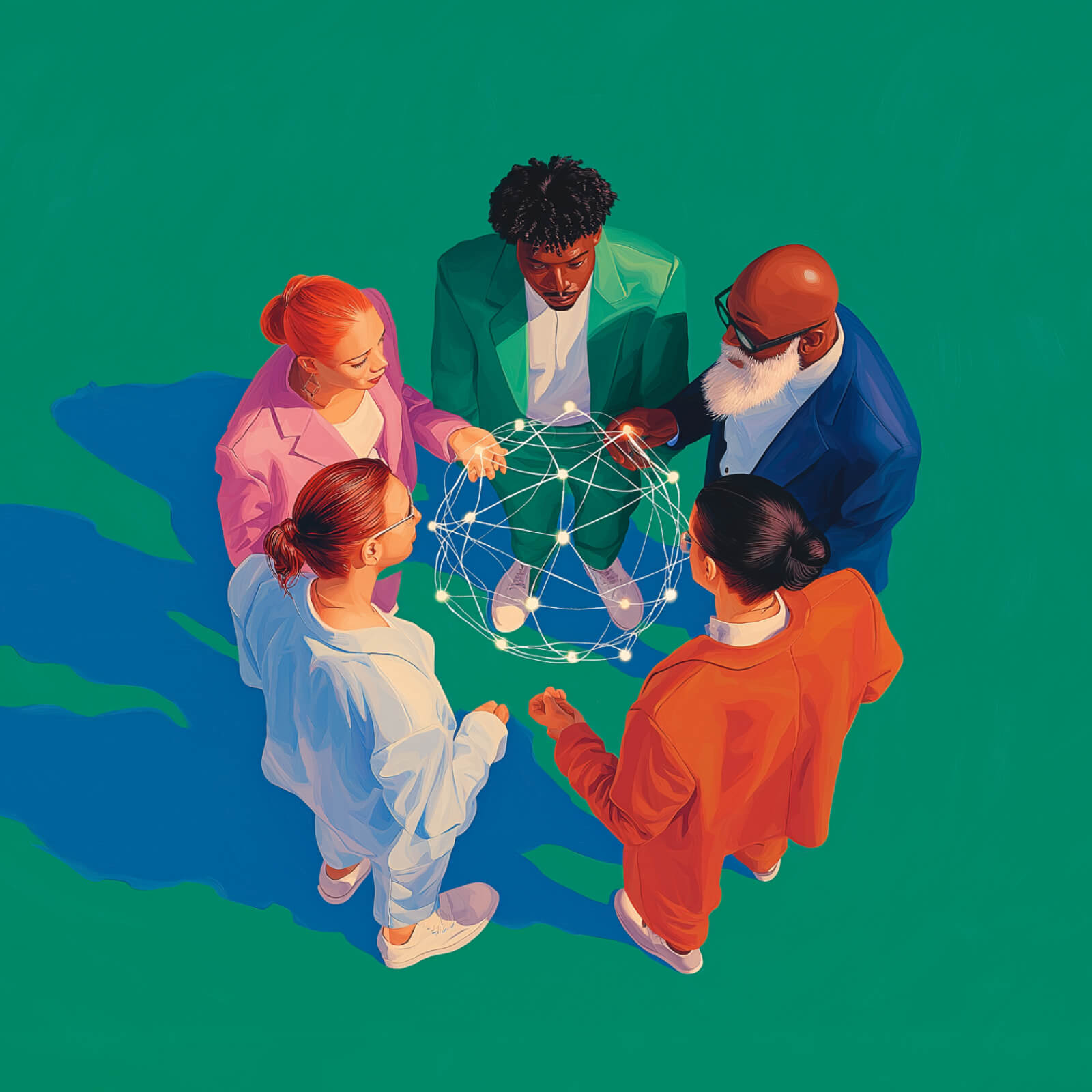 Illustrated aerial view of five diverse people standing in a circle, collaboratively holding a glowing network globe, symbolizing teamwork and global connectivity, on a green background.