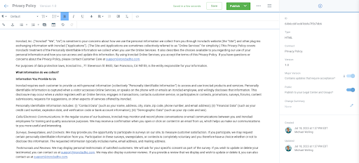 A computer screen displaying a draft of a privacy policy document in an online editor. The editor shows text about information collection, menu options, editing tools, and comments on the right side.