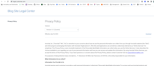 Screenshot of a web page titled Privacy Policy from the Blog Site Legal Center. The page includes the version number, effective date, and introductory text explaining how personal information is handled.