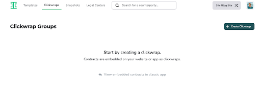 A web page titled Clickwrap Groups with a button labeled “+ Create Clickwrap.” The screen prompts users to start by creating a clickwrap, with a note about contracts embedded as clickwraps.
