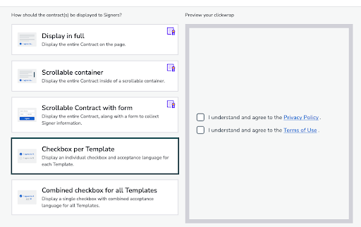 A user interface shows options for displaying contracts: Display in full, Scrollable container, Scrollable Contract with form, Checkbox per Template (selected), and Combined checkbox for all Templates. A preview appears on the right.