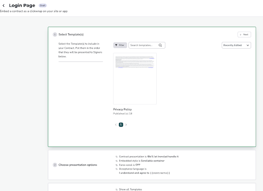 Screenshot of a web page titled Login Page showing a section to select templates. One template, Privacy Policy, is displayed in the center with details and a thumbnail preview. Filters and sorting options are visible above.